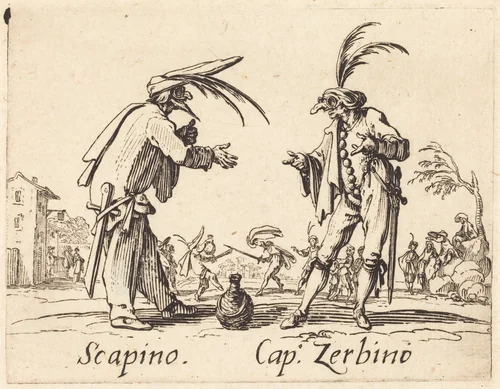 Scapino and Cap. Zerbino by Jacques Callot, print, 1622