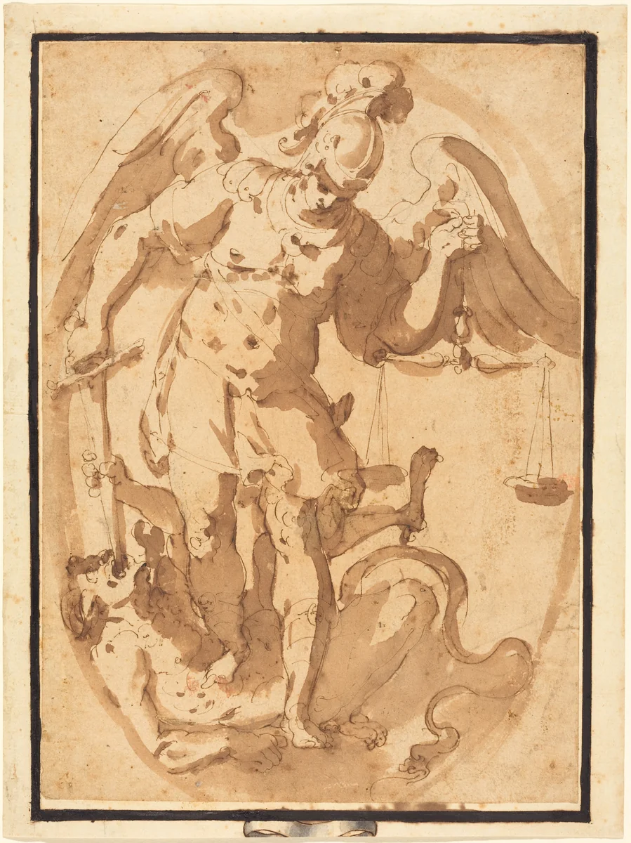 Saint Michael with Lucifer by Giuseppe Porta, drawing, 1556-1560