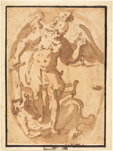 Saint Michael with Lucifer by Giuseppe Porta, drawing, 1556-1560