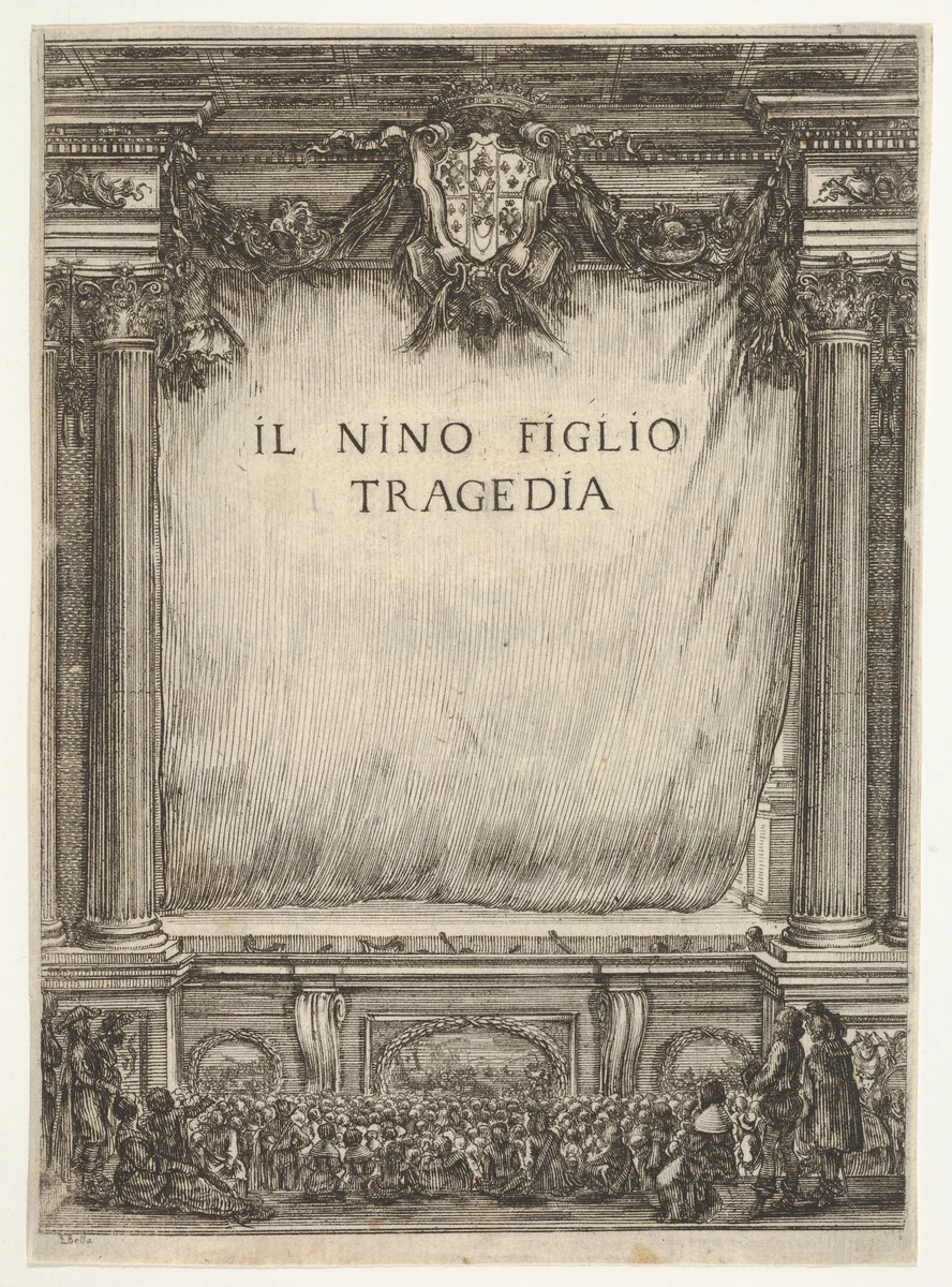 Title page for "The Child Nino" (Il Nino Figlio), a stage with the curtain drawn, the coat of arms of the duke of Modena at top center, spectators below by Stefano della Bella, print, 1655
