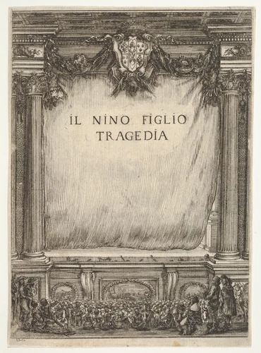 Title page for "The Child Nino" (Il Nino Figlio), a stage with the curtain drawn, the coat of arms of the duke of Modena at top center, spectators below by Stefano della Bella, print, 1655