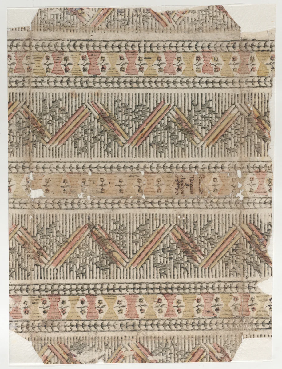Book cover with stripe, geometric, and floral pattern by anonymous, print, 1700-1800