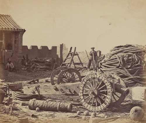 Interior of Pehtang Fort Showing the Magazine and Wooden Gun, August 1, 1860 by Felice Beato, photograph, 1860