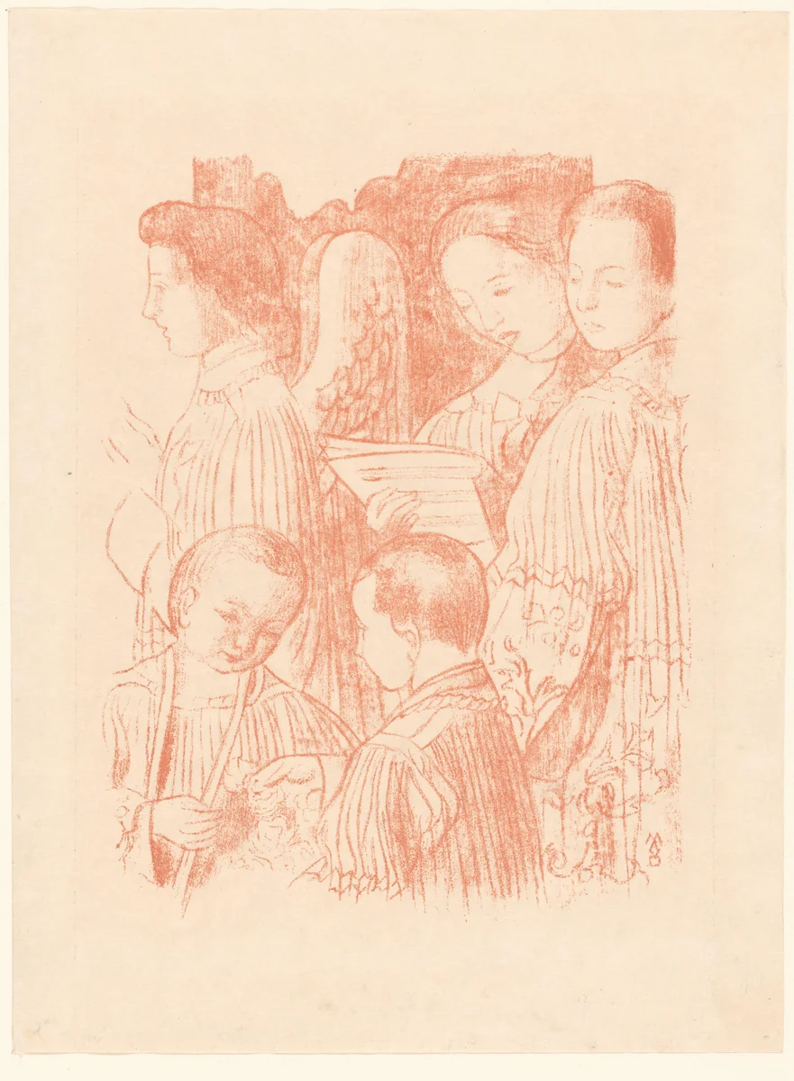 Drie zingende engelen en twee koorknapen tijdens de Heilige Mis by Maurice Denis, print, 1899