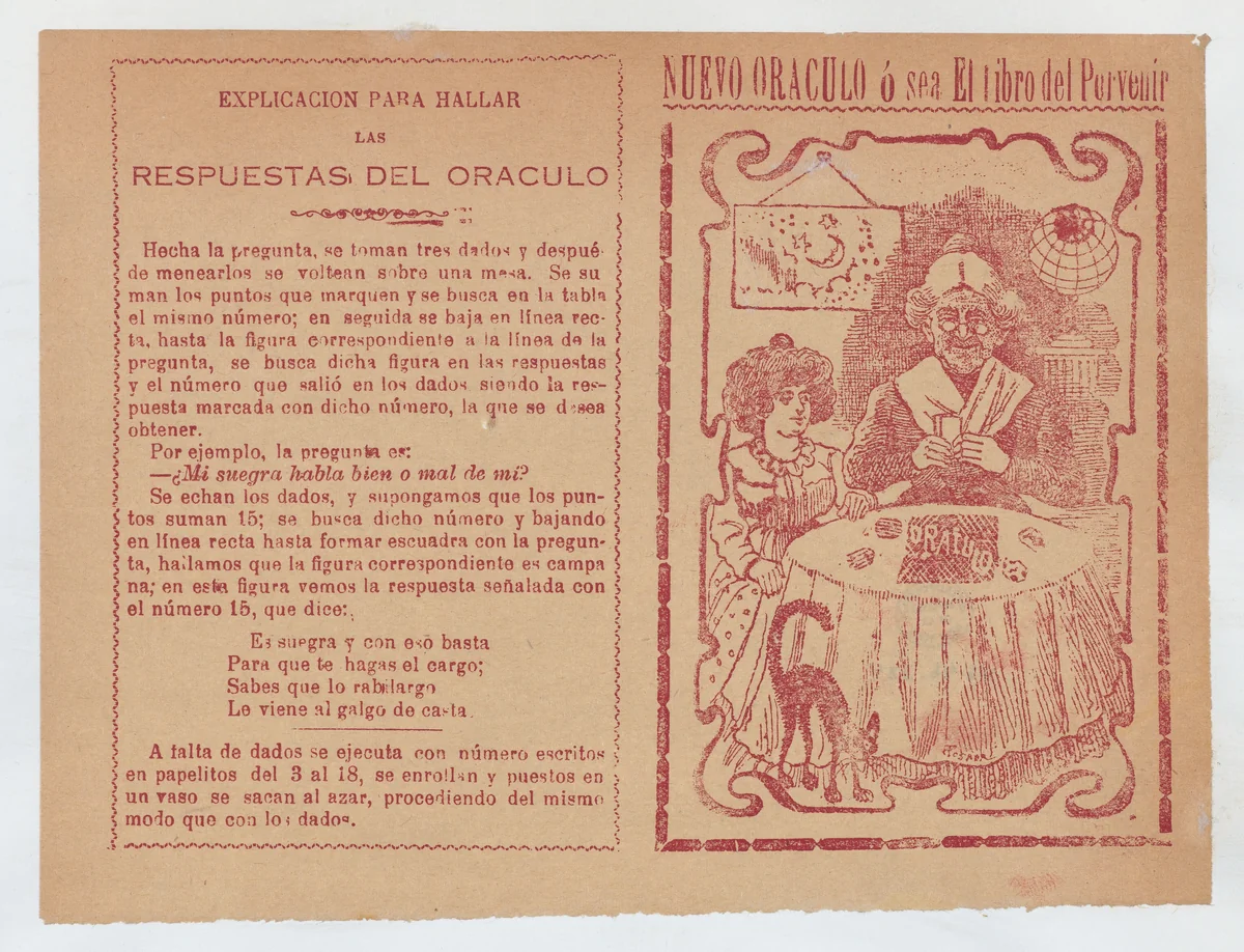 Cover for 'Nuevo Oraculo ó sea El Libro del Porvenír', an old women seated at a table and reading someone's fortune from cards by José Guadalupe Posada, print, 1875-1915