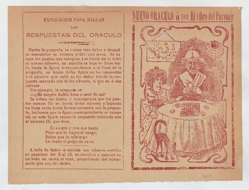 Cover for 'Nuevo Oraculo ó sea El Libro del Porvenír', an old women seated at a table and reading someone's fortune from cards by José Guadalupe Posada, print, 1875-1915