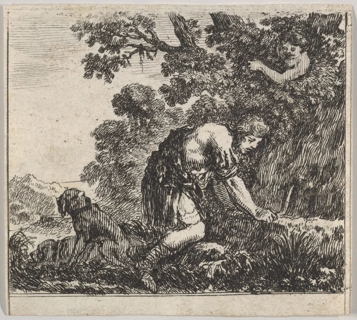 Narcissus, from "Game of Mythology" (Jeu de la Mythologie) by Stefano della Bella, print, 1644