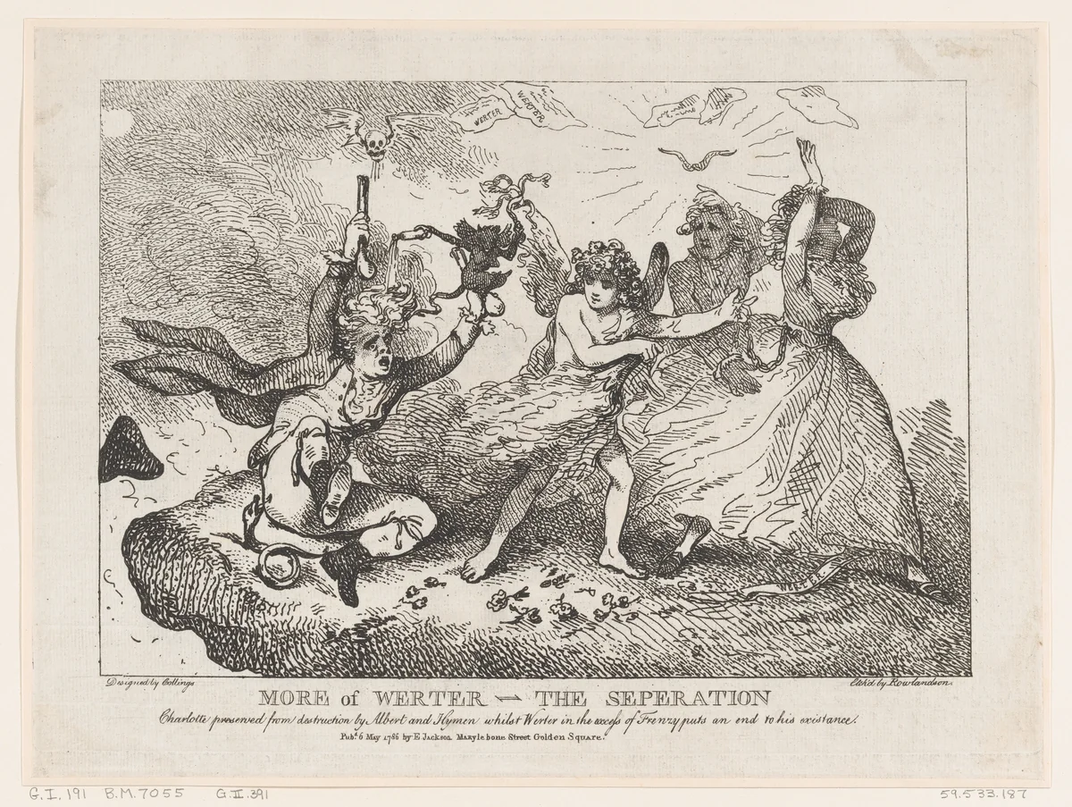 More of Werther–The Separation: Charlotte Preserved from Destruction by Albert and Hymen, whilst Werther in an access of frenzy puts and end to his existence by Thomas Rowlandson, print, 1786