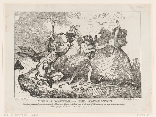 More of Werther–The Separation: Charlotte Preserved from Destruction by Albert and Hymen, whilst Werther in an access of frenzy puts and end to his existence by Thomas Rowlandson, print, 1786