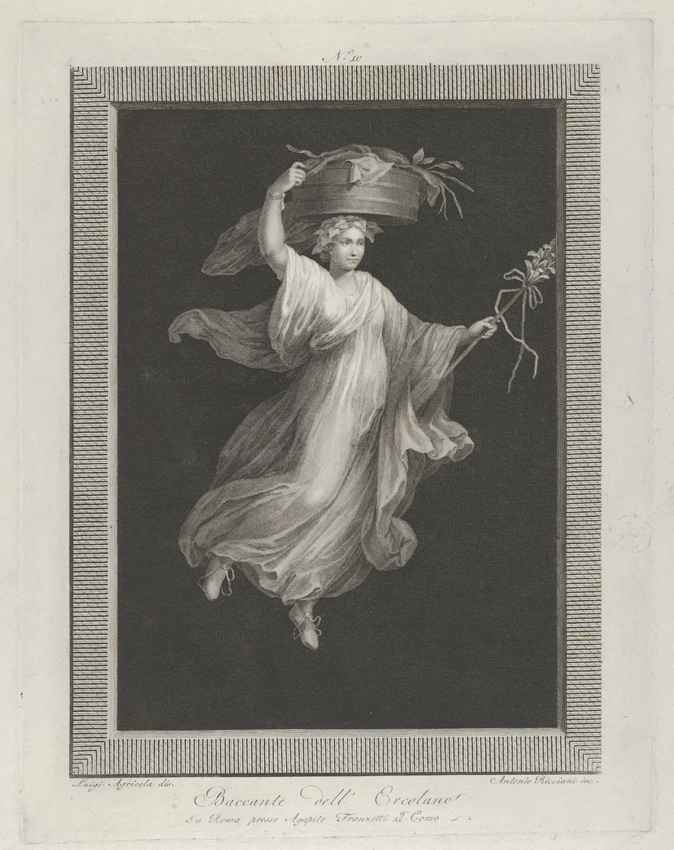 A bacchante carrying a large basket on her head and holding a staff in her left hand, set against a black background inside a rectangular frame by Antonio Ricciani, print, 1790-1825