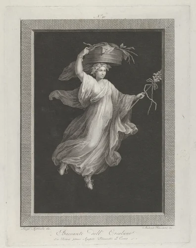 A bacchante carrying a large basket on her head and holding a staff in her left hand, set against a black background inside a rectangular frame by Antonio Ricciani, print, 1790-1825