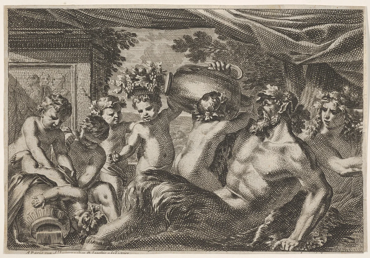 Design for a Panel with a Satyr Drinking from a Vase held up by a Putti, from "Feuillages et autres ornements" by Jean Le Pautre, print, 1618-1682