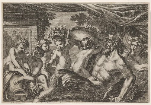 Design for a Panel with a Satyr Drinking from a Vase held up by a Putti, from "Feuillages et autres ornements" by Jean Le Pautre, print, 1618-1682