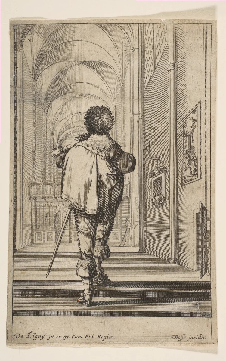 A gentleman seen from behind walking into a church, plate 8 from "French Nobility at Church" by Abraham Bosse, print, 1624-1634