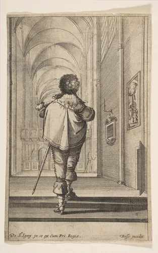 A gentleman seen from behind walking into a church, plate 8 from "French Nobility at Church" by Abraham Bosse, print, 1624-1634