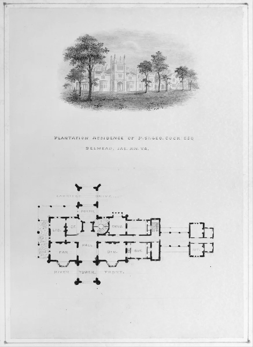 Belmead, James River, Virginia (vignette of riverside elevation and plan) by Alexander Jackson Davis, print, 1845-1855