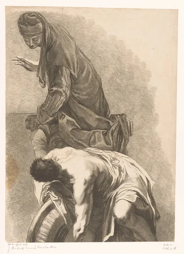 Staande figuur naast een voorovergebogen man met ontbloot bovenlijf by Jean Aubert, print, 1705-1741