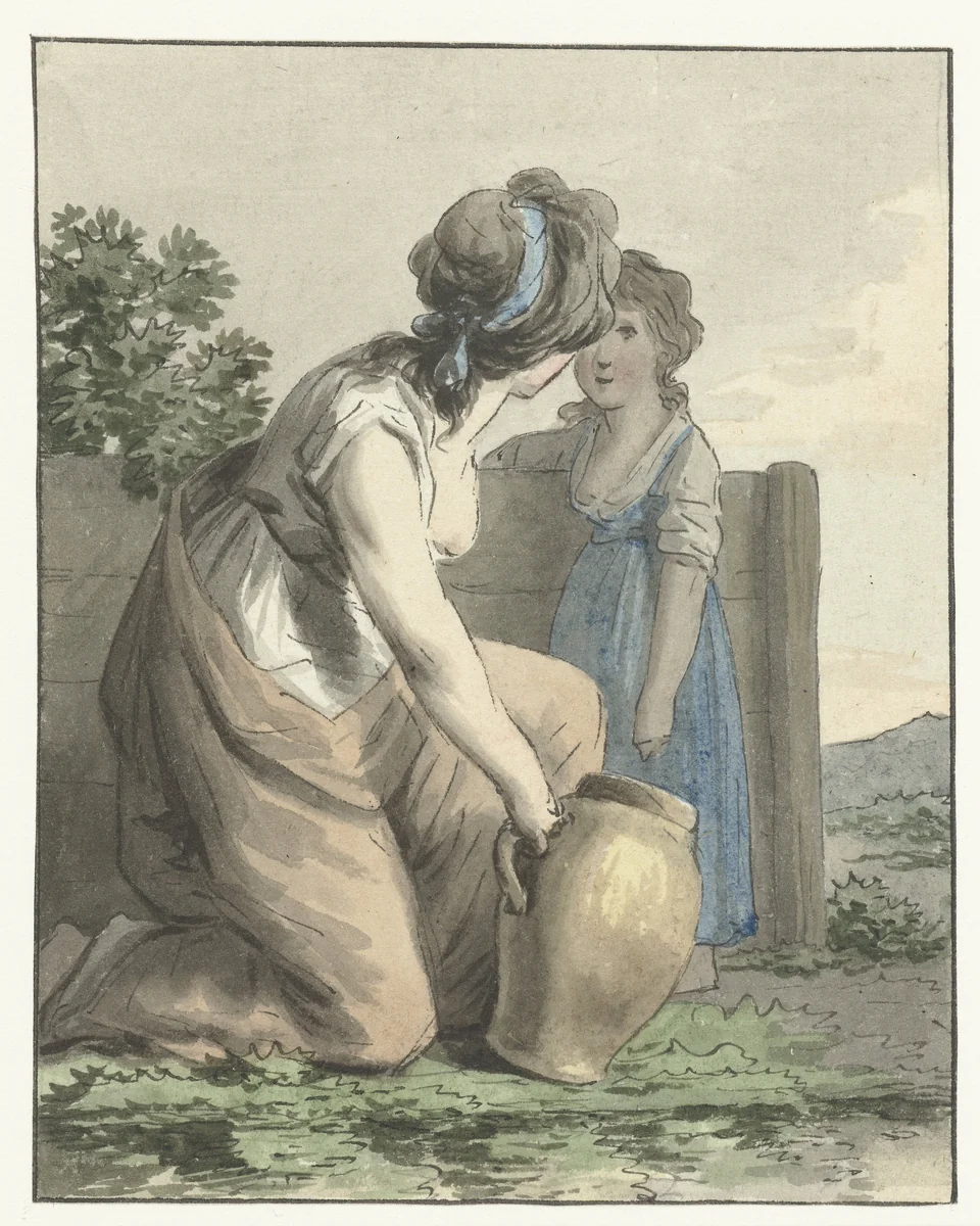 Hurkende vrouw praat tegen een staand meisje by Anthony Andriessen, drawing, 1756-1813