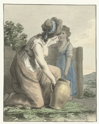 Hurkende vrouw praat tegen een staand meisje by Anthony Andriessen, drawing, 1756-1813