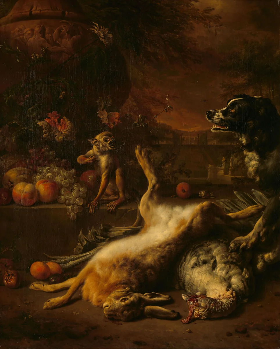 A Monkey and a Dog with Dead Game and Fruit by Jan Weenix, painting, 1704