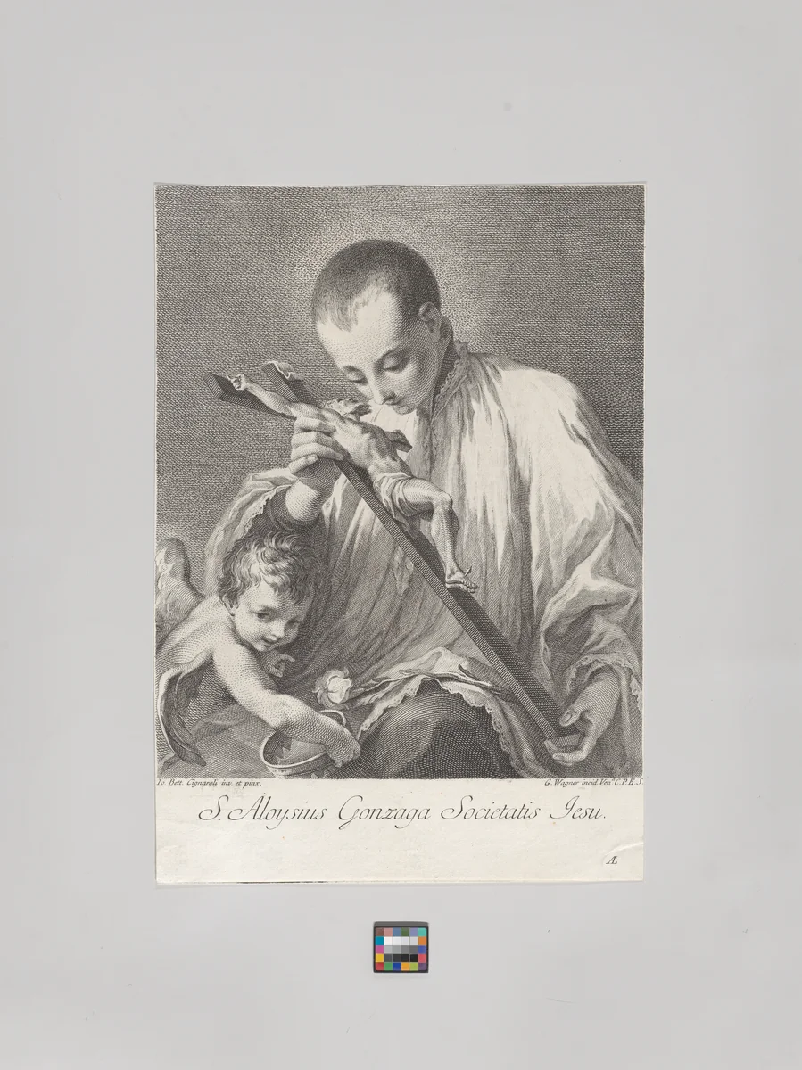 Saint Aloysius Gonzaga holding a crucifix, with an angel holding a crown at left by Joseph Wagner, print, 1725-1780