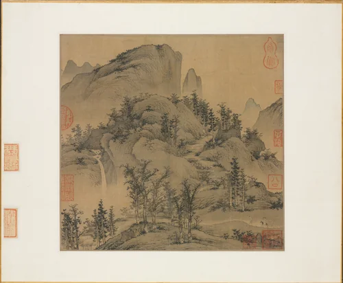 Travelers in Autumn Mountains by Sheng Mou, painting, 1310-1350