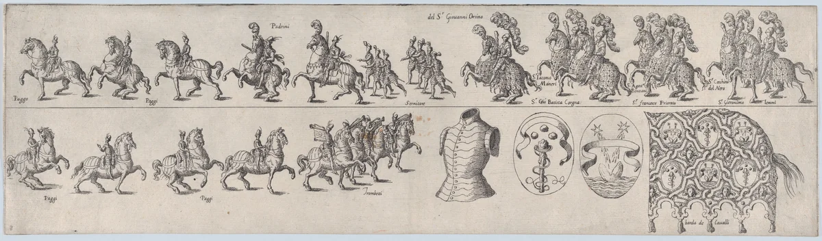 Plate depicting Giovanni Orsino, from a series of twelve showing knights and their attendants dressed for a tournament (plate 8) by anonymous, print, 1565