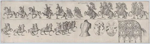 Plate depicting Giovanni Orsino, from a series of twelve showing knights and their attendants dressed for a tournament (plate 8) by anonymous, print, 1565