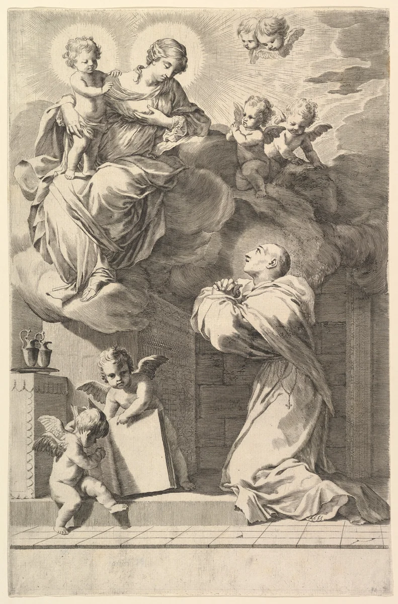 Saint Bernard Kneeling before the Virgin and Child by Claude Mellan, print, 1640