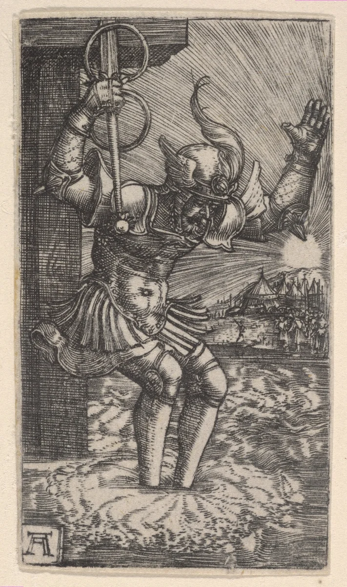 Horatius Cocles Leaping into the Tiber by Albrecht Altdorfer, print, 1500-1538