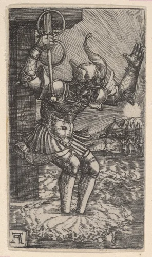 Horatius Cocles Leaping into the Tiber by Albrecht Altdorfer, print, 1500-1538