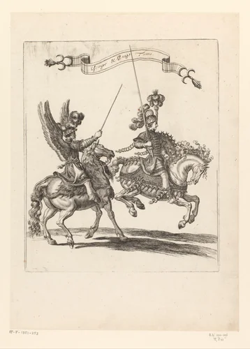 Steekspeler en bediende te paard in Turks kostuum, waarvan een met vleugels by François Chauveau, print, 1670