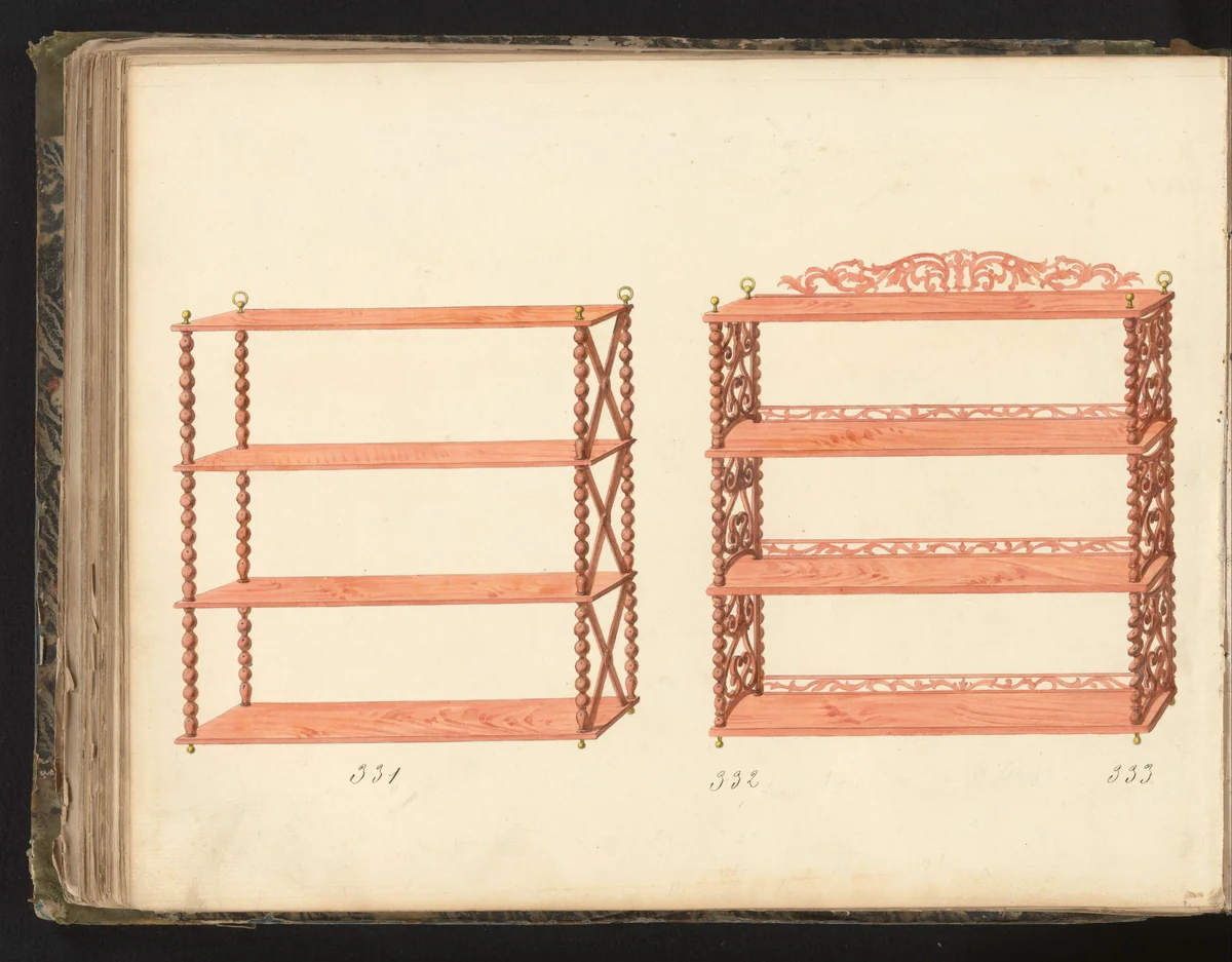 Twee ontwerpen voor wandmeubelen by anonymous, drawing, 1825-1839