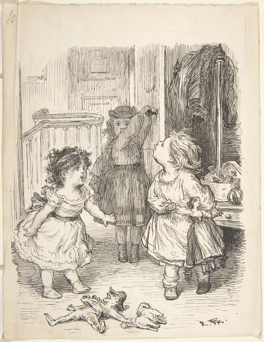 Three Little Girls in a Room Arguing and Spitting by Lorenz Frølich, drawing, 1835-1903