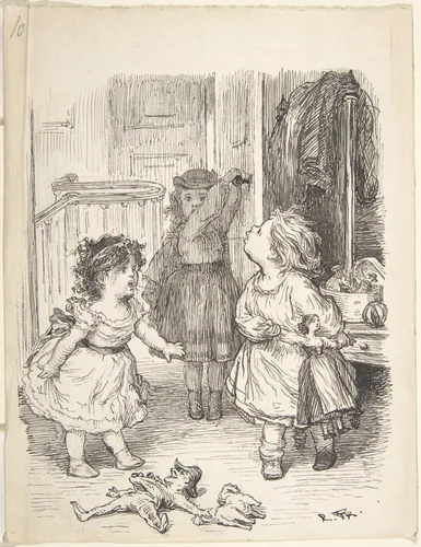 Three Little Girls in a Room Arguing and Spitting by Lorenz Frølich, drawing, 1835-1903