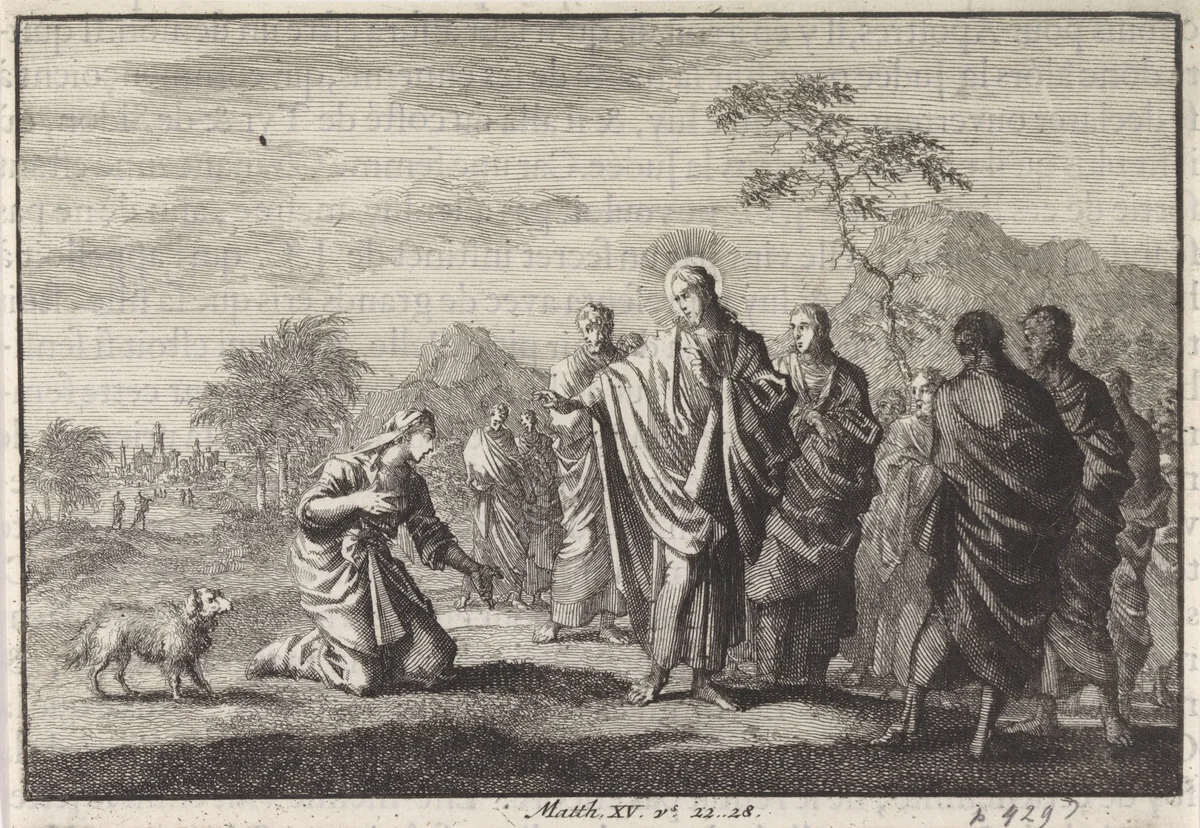 Genezing van de dochter van de Kananese vrouw by Jan Luyken, print, 1703-1762
