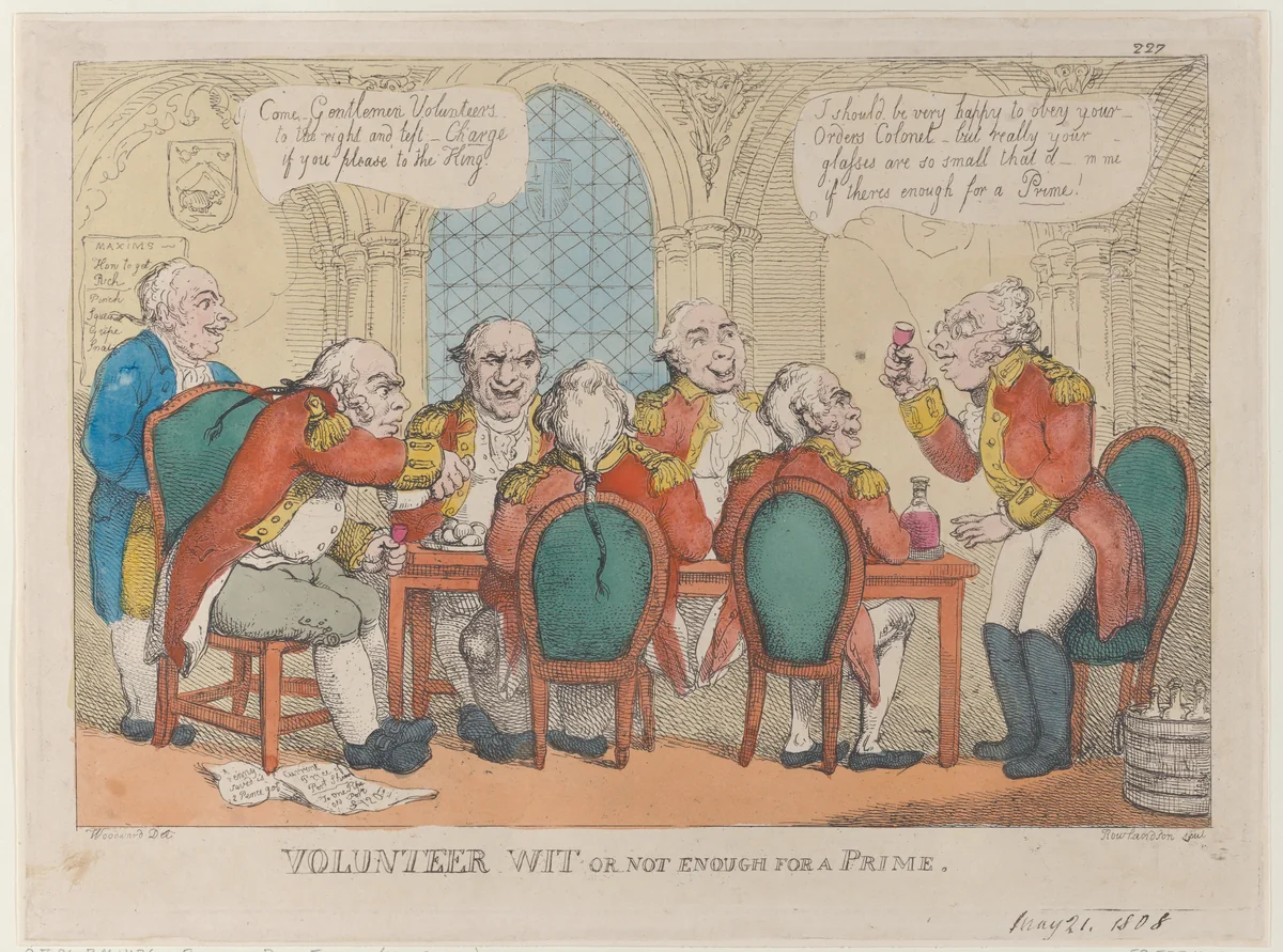 Volunteer Wit or Not Enough for a Prime by Thomas Rowlandson, print, 1808