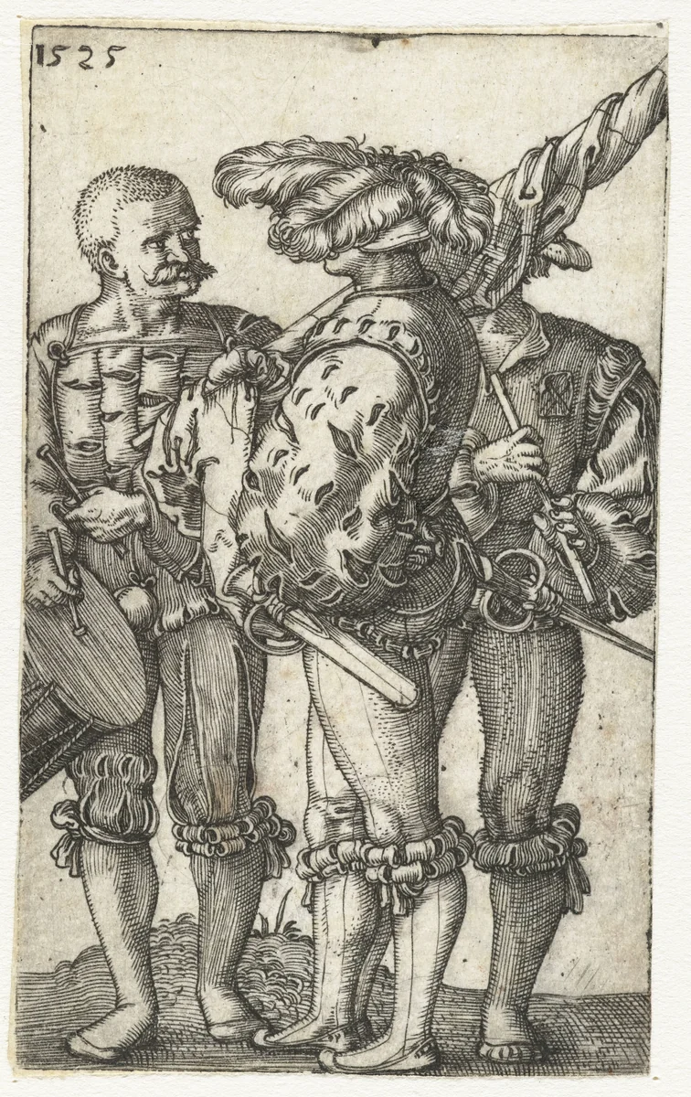 Trommelaar, vaandeldrager en fluitist by Barthel Beham, print, 1525