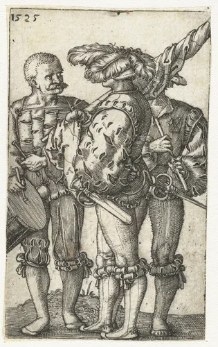 Trommelaar, vaandeldrager en fluitist by Barthel Beham, print, 1525