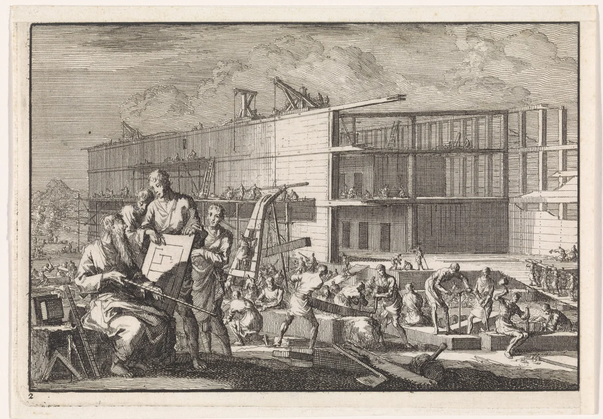 Bouw van de ark van Noach by Jan Luyken, print, 1703