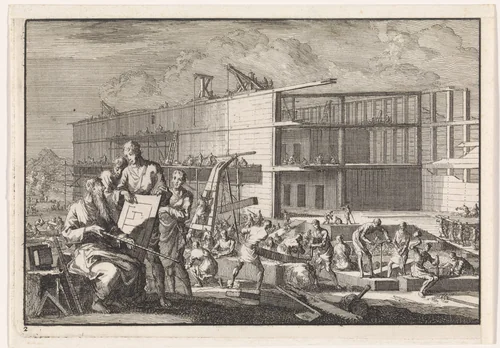 Bouw van de ark van Noach by Jan Luyken, print, 1703