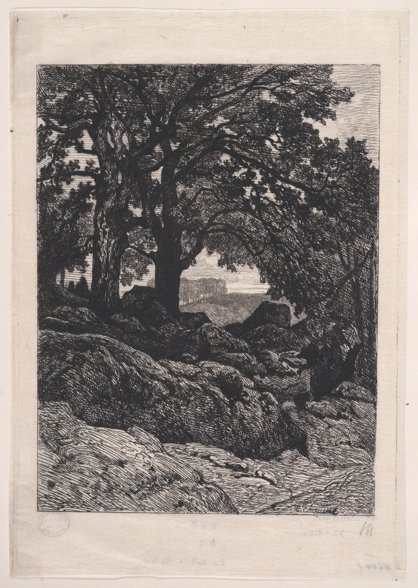 Landscape with Rocks and Trees by Théophile Chauvel, print, 1845-1855