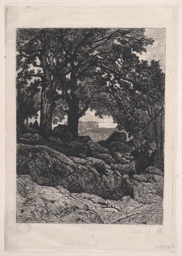 Landscape with Rocks and Trees by Théophile Chauvel, print, 1845-1855
