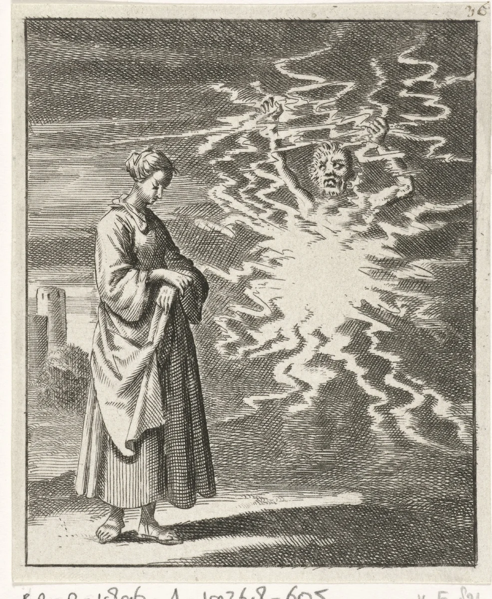 Vrouw wandelt rustig langs de in vlammen gehulde Satan by Jan Luyken, print, 1687