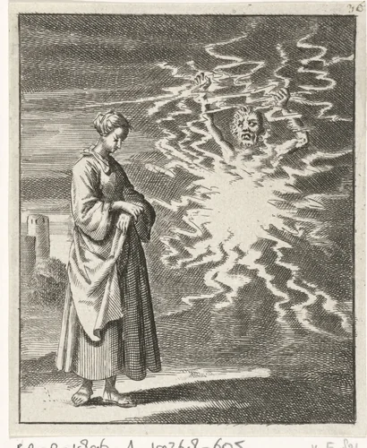 Vrouw wandelt rustig langs de in vlammen gehulde Satan by Jan Luyken, print, 1687
