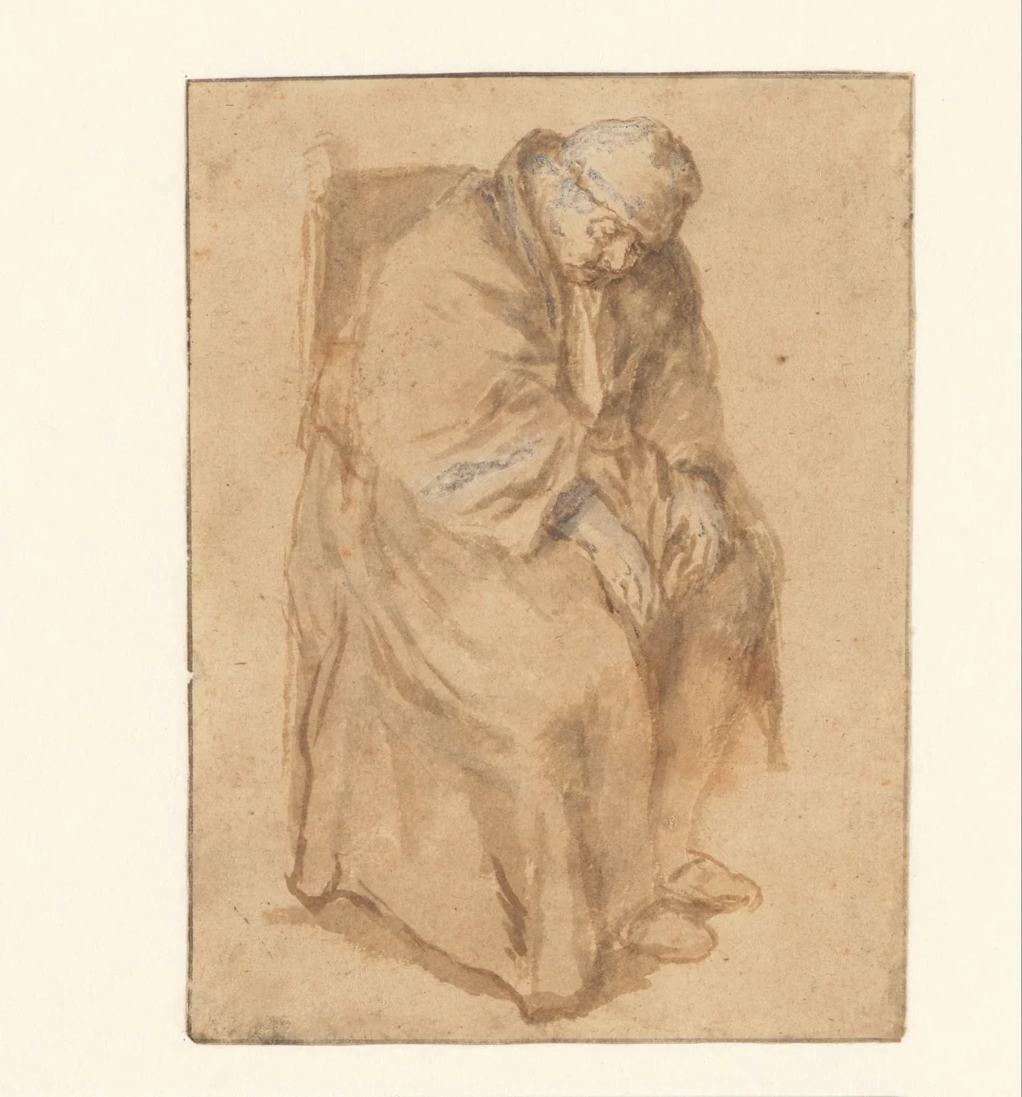 Joost van den Vondel, slapend in een stoel by Philips Koninck, drawing, 1678-1679