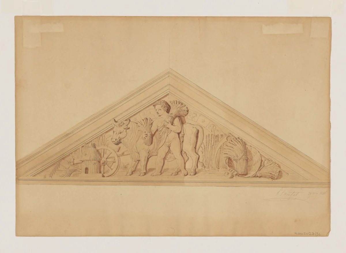 Design for a Pediment with a Putto and Bull by Jean-Baptiste Louis Plantar, drawing, 1840-1880