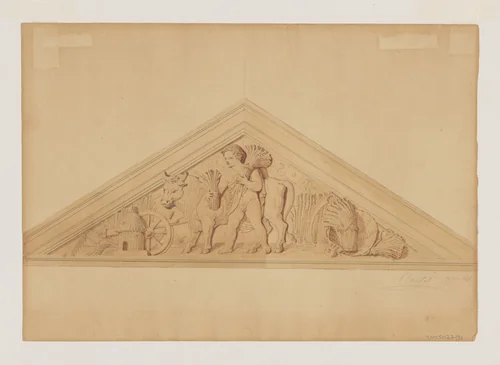 Design for a Pediment with a Putto and Bull by Jean-Baptiste Louis Plantar, drawing, 1840-1880