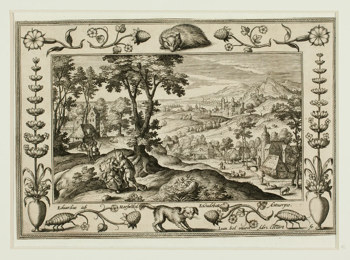 Judah and Tamar, from Landscapes with Old and New Testament Scenes and Hunting Scenes by Adriaen Collaert, print, 1584