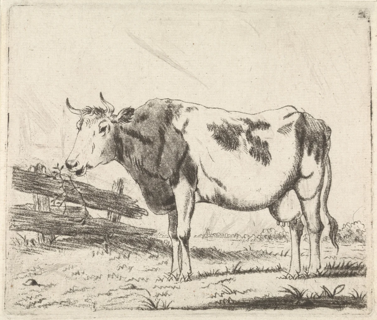 Koe bij hek by Pieter Janson, print, 1780-1851